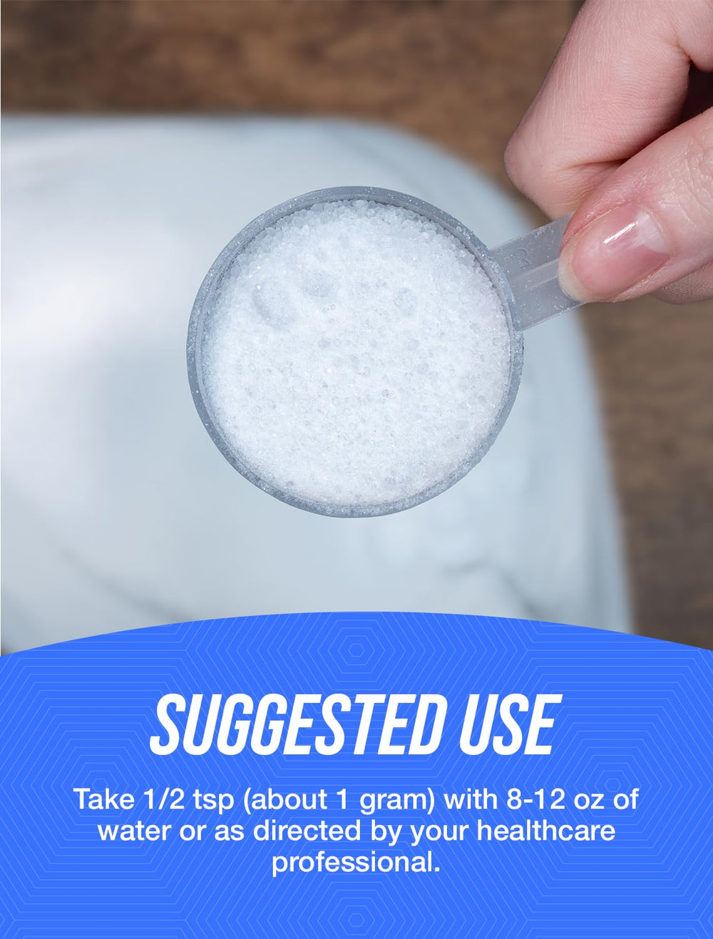 BulkSupplements scoop on a scale showing measured 1g serving for precise dosing