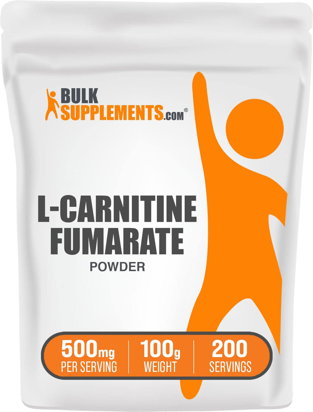 BulkSupplements L-Carnitine Fumarate powder bottle demonstrates gluten-free energy support