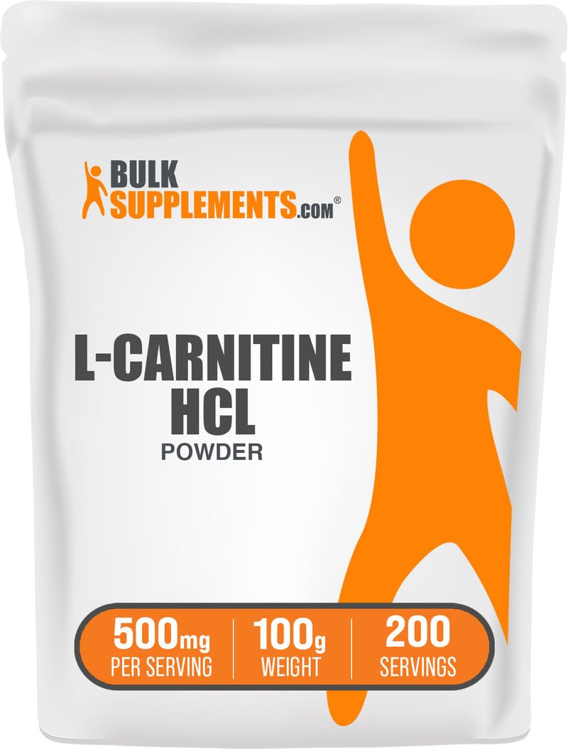 BulkSupplements L-Carnitine HCl powder canister supports workouts and mobility.