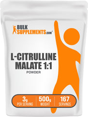 BulkSupplements L-Citrulline Malate 1:1 powder bottle pour suggesting a clean pre-workout ritual