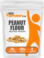 BulkSupplements peanut flour protein powder bottle highlights gluten-free protein for everyday nutrition.