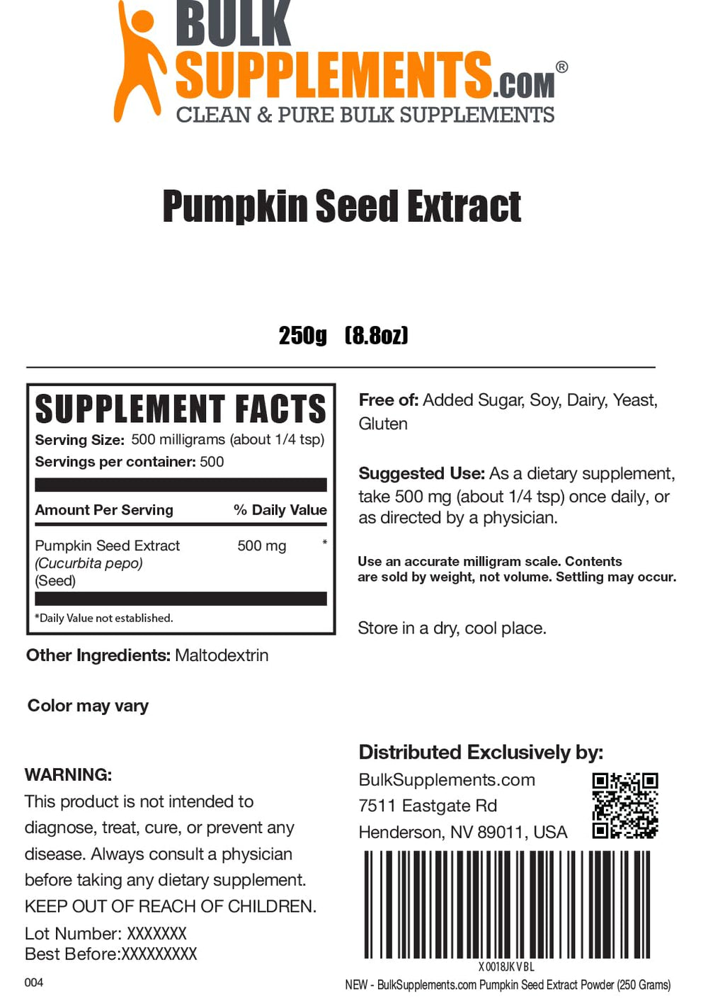 BulkSupplements pumpkin seed extract powder vegan and gluten-free badge signals dietary compatibility.