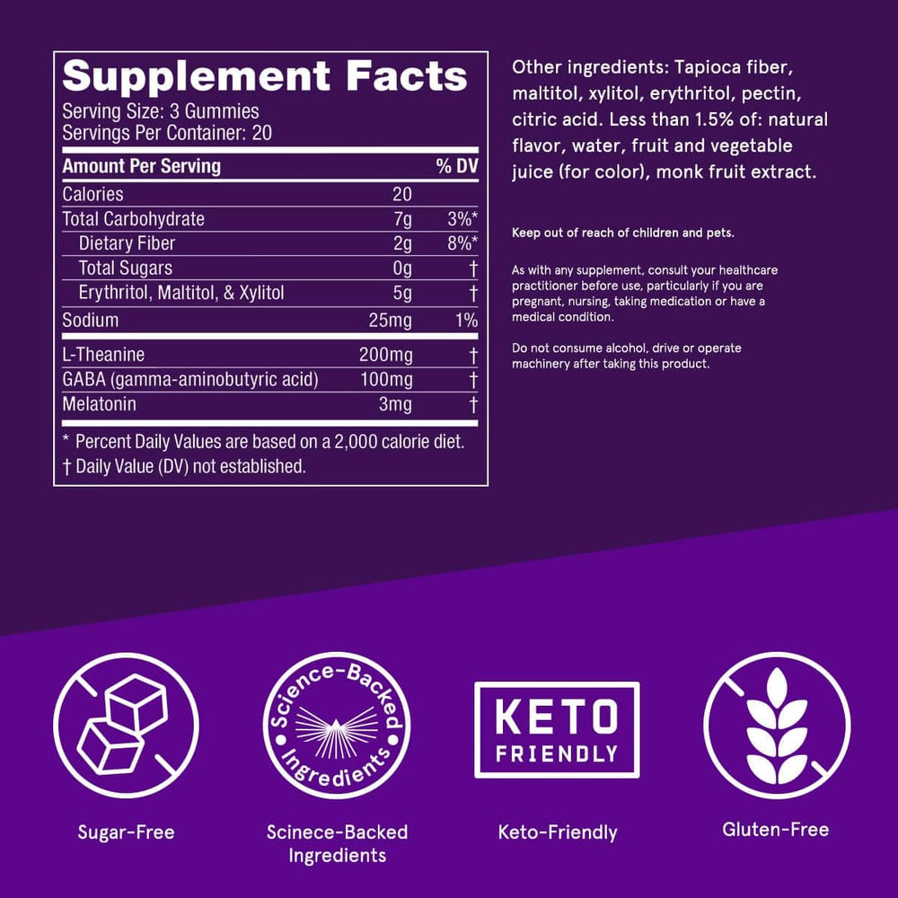 Blackberry flavor sleep gummies on white background