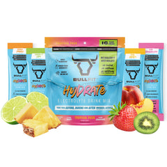 BullFit Hydrate Tropical Variety Pack front view for on-the-go hydration.