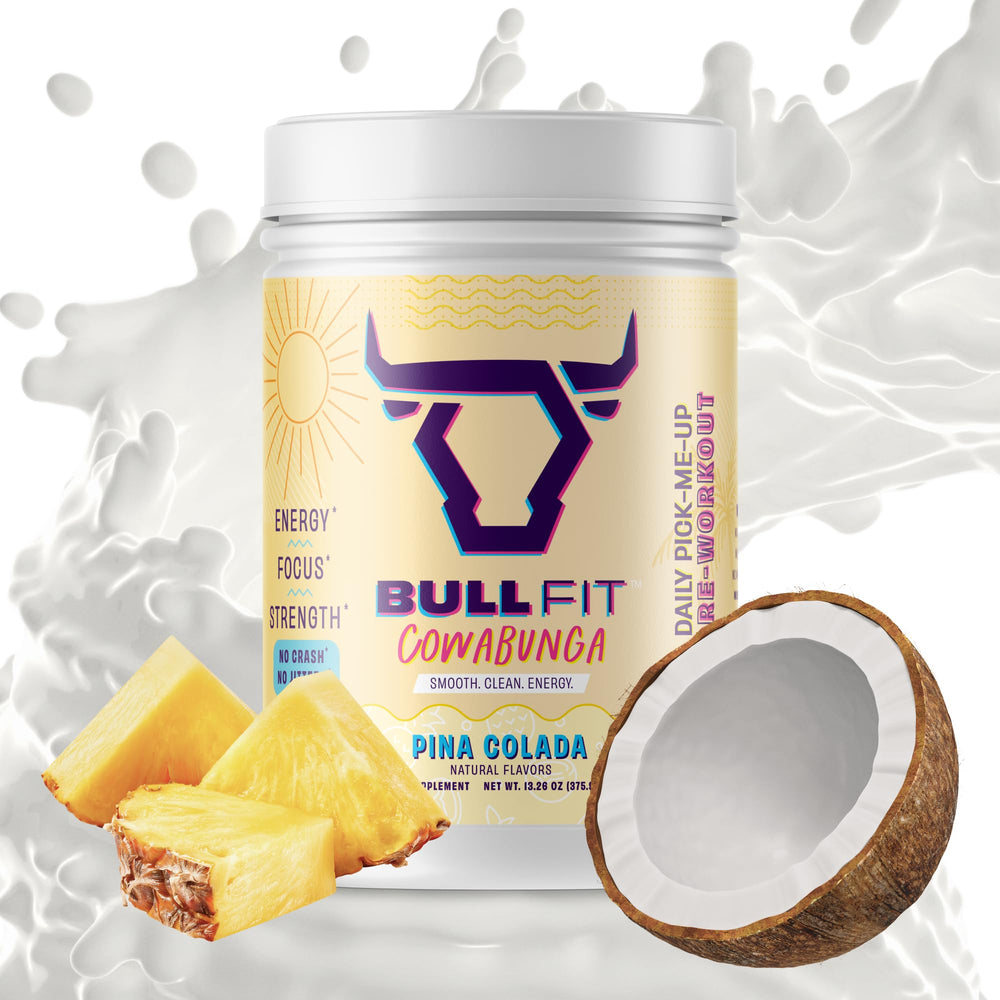 BULLFIT pre-workout bottle pouring Pina Colada for steady energy.