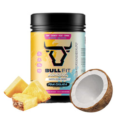 BULLFIT Pre Workout Pina Coolada tub front for an energy-boosting workout.
