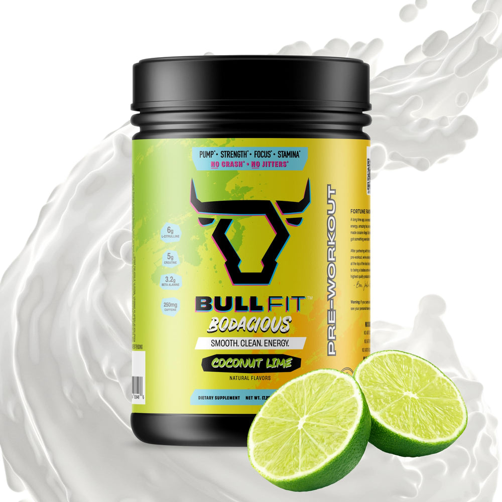 BULLFIT Pre-Workout Powder bottle fuels sustained energy for tough workouts