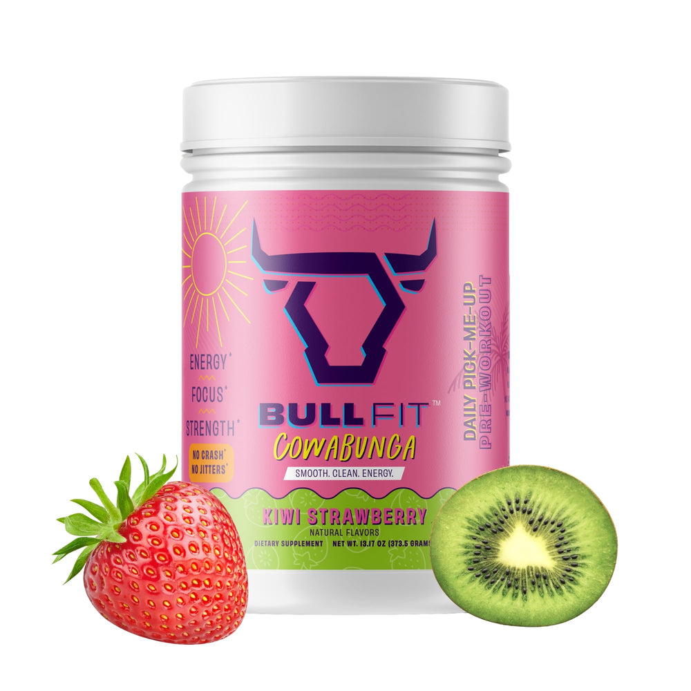 Bullfit Pre-Workout powder canister close-up highlighting energy-boosting blend.