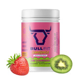 Bullfit Pre-Workout powder canister close-up highlighting energy-boosting blend.