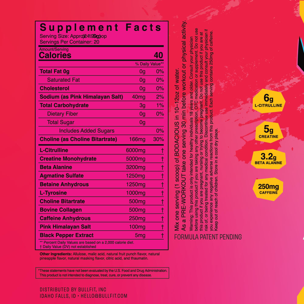 BullFit Pre Workout tub label highlights no sugar or artificial sweeteners