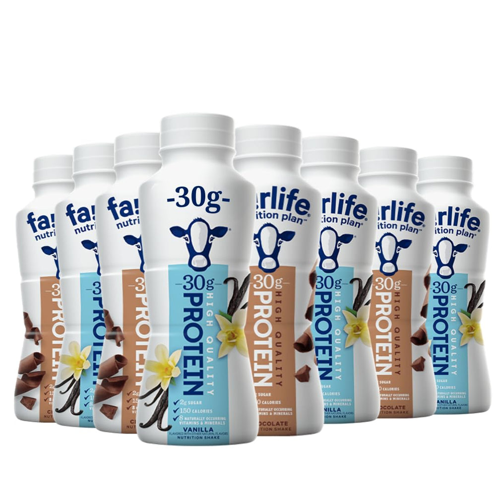 Bundariety chocolate-vanilla high-protein shake eight-pack packaging supports on-the-go fueling.