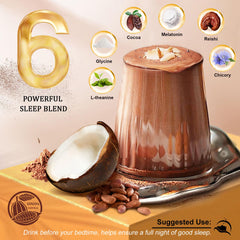 Close-up of powder ingredients including L-Theanine, Chicory, Melatonin, Zinc and Glycine