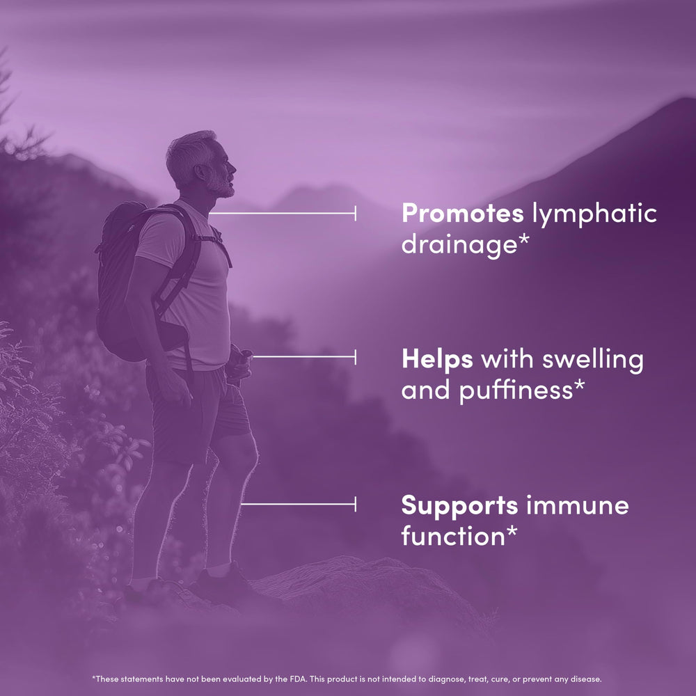 Ingredients including burdock root, echinacea, and bromelain for lymph drainage