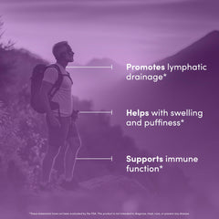 Ingredients including burdock root, echinacea, and bromelain for lymph drainage