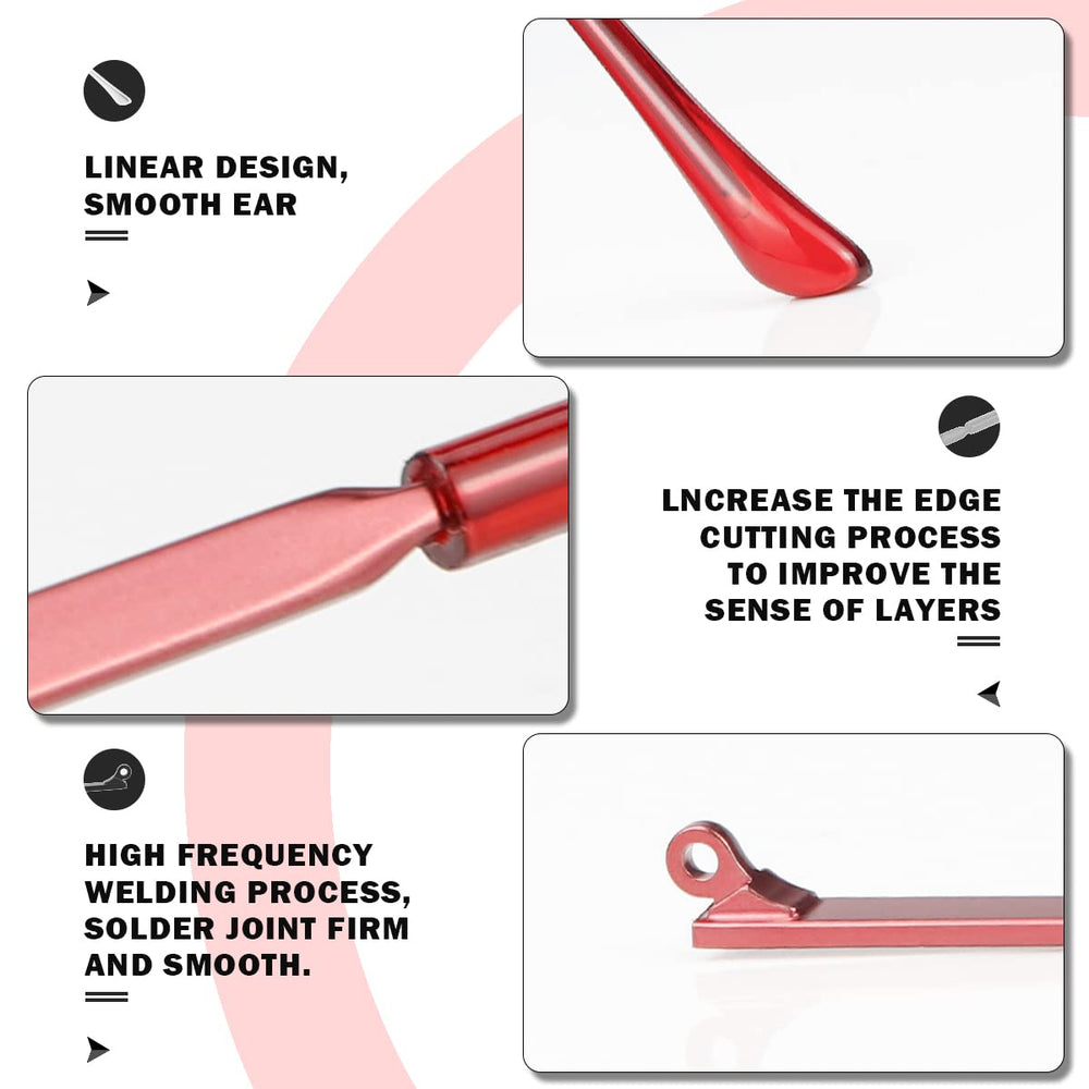 Close-up of burgundy metal and plastic eyeglass arm