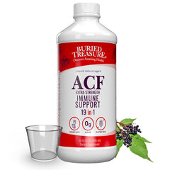 Buried Treasure ACF Extra Strength Immune Support bottle with 16 oz and dose cup