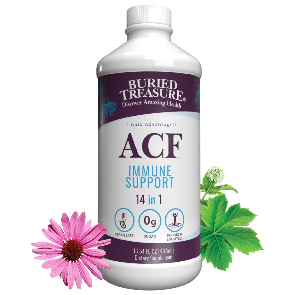 Front view of Buried Treasure ACF Immune Support 16 oz bottle