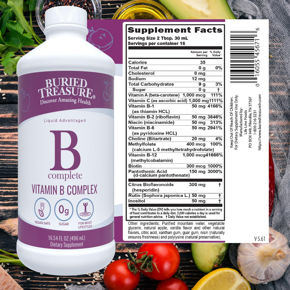 Close-up of Buried Treasure B Complete label with methylated B12 and folate
