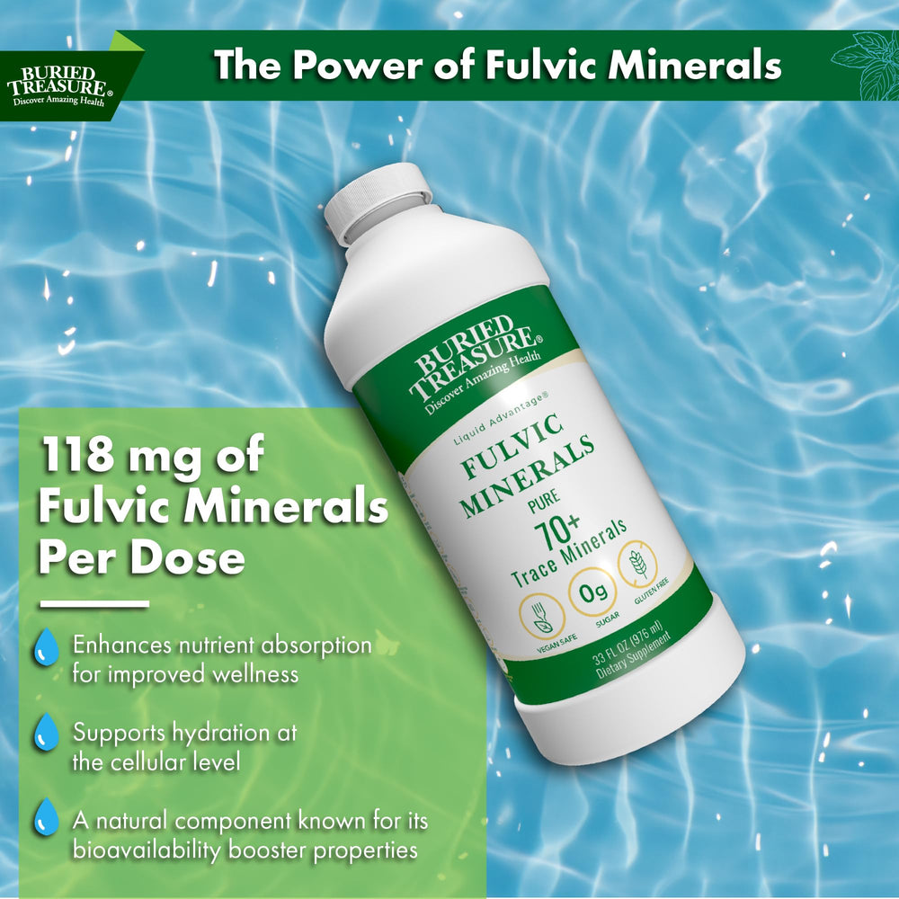 Buried Treasure Liquid Advantage label closeup emphasizes 70+ minerals for daily nutrition.