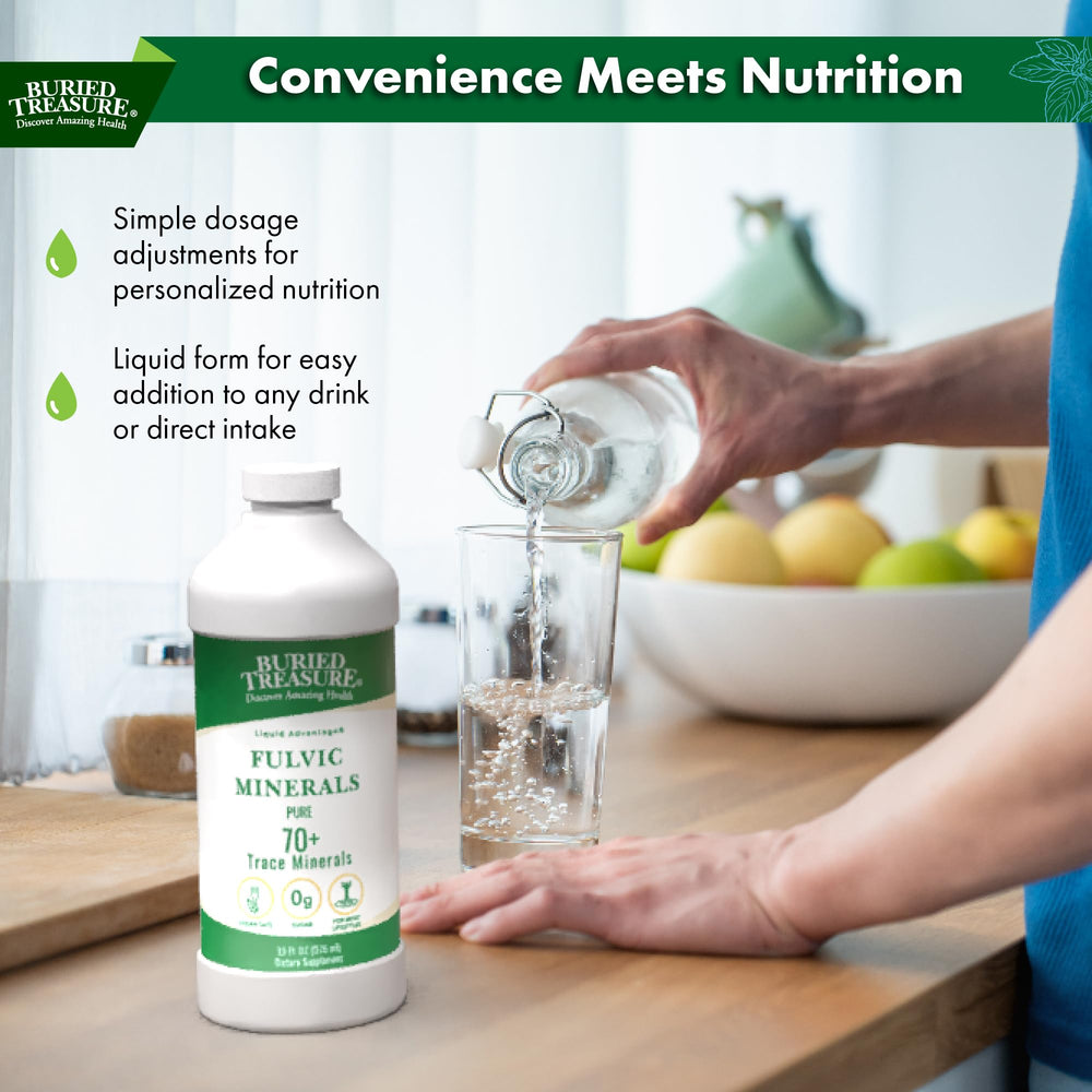 Buried Treasure Liquid Advantage label closeup emphasizes 70+ minerals for daily nutrition.