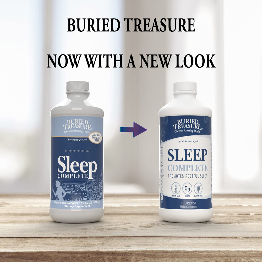 Buried Treasure Sleep Complete bottle back label highlights melatonin and plant-based ingredients for nightly relaxation.