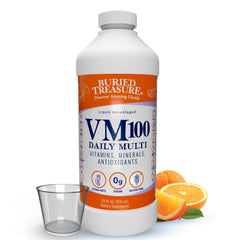Buried Treasure VM100 Daily Multi bottle showing convenient daily nutrition in a liquid multivitamin