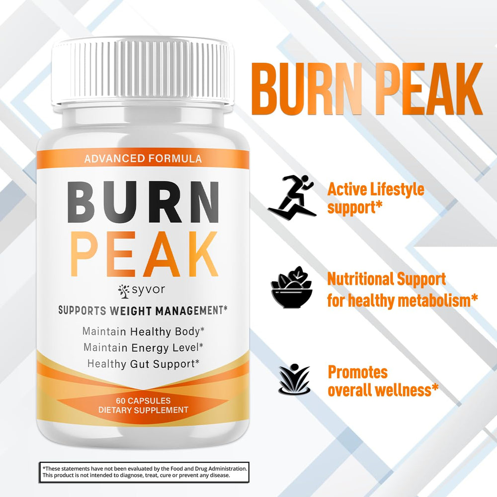 Ingredients and bottle of Burn Peak Capsules on white background