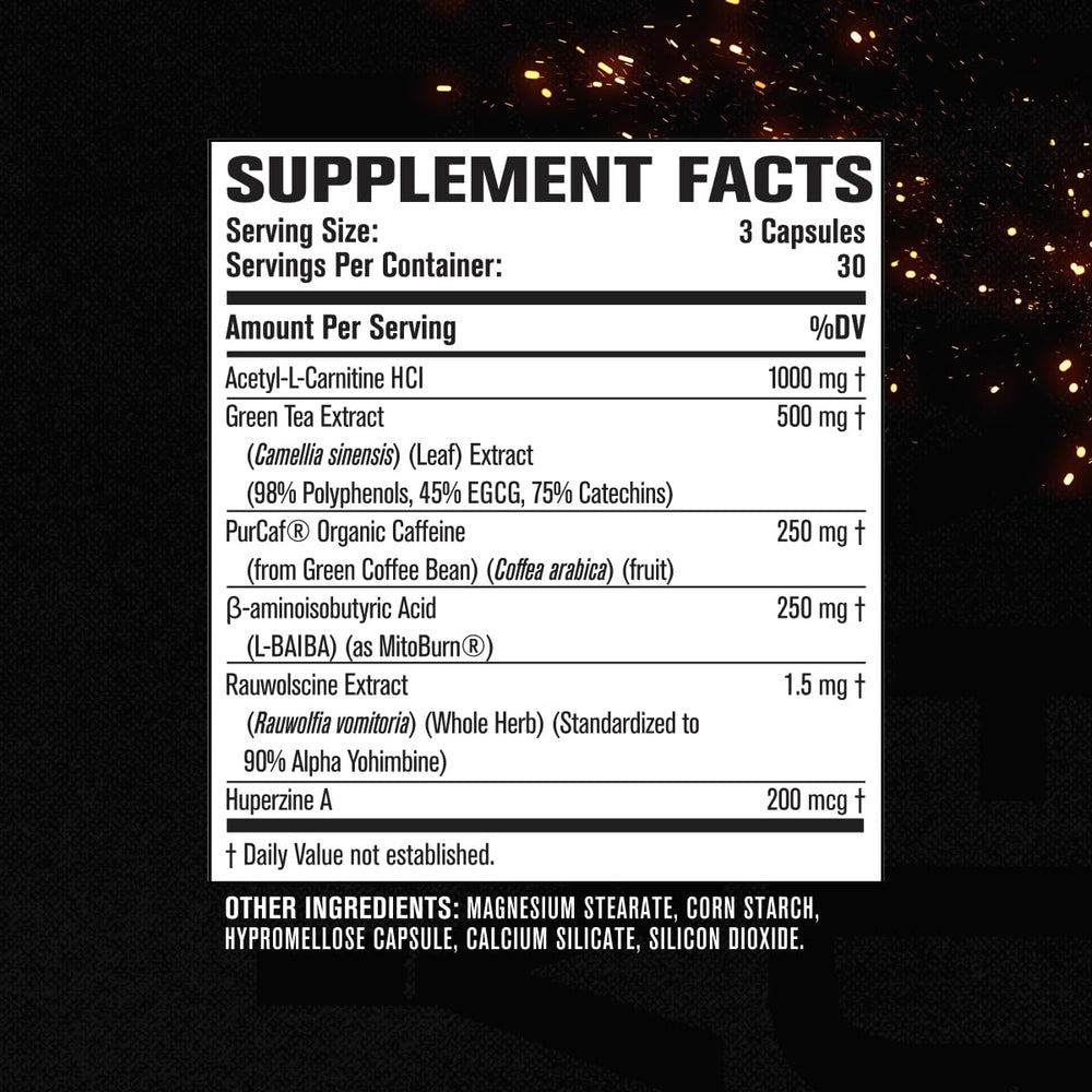 Ingredient list highlighting acetyl L-carnitine and rauwolscine