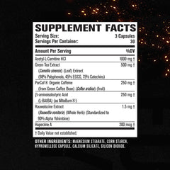 Ingredient list highlighting acetyl L-carnitine and rauwolscine