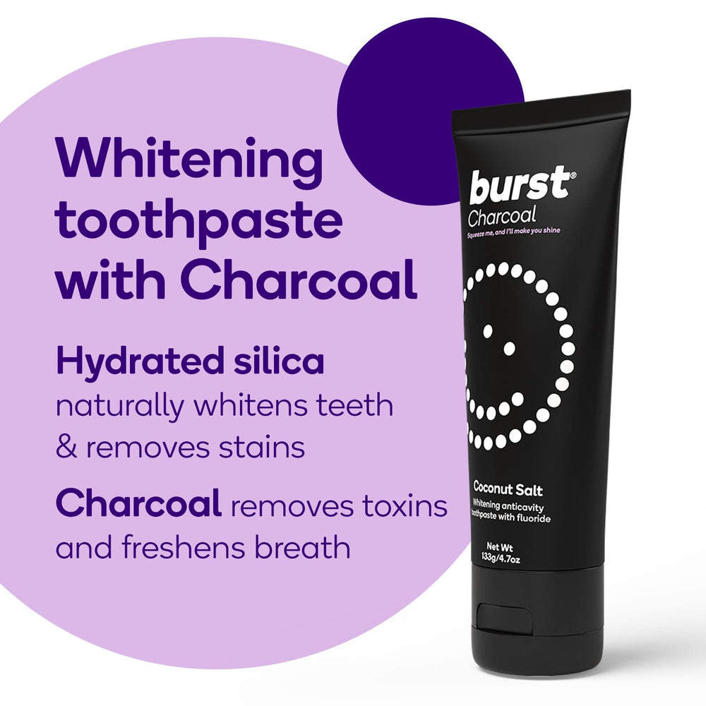 Close-up of BURST toothpaste showing charcoal formula