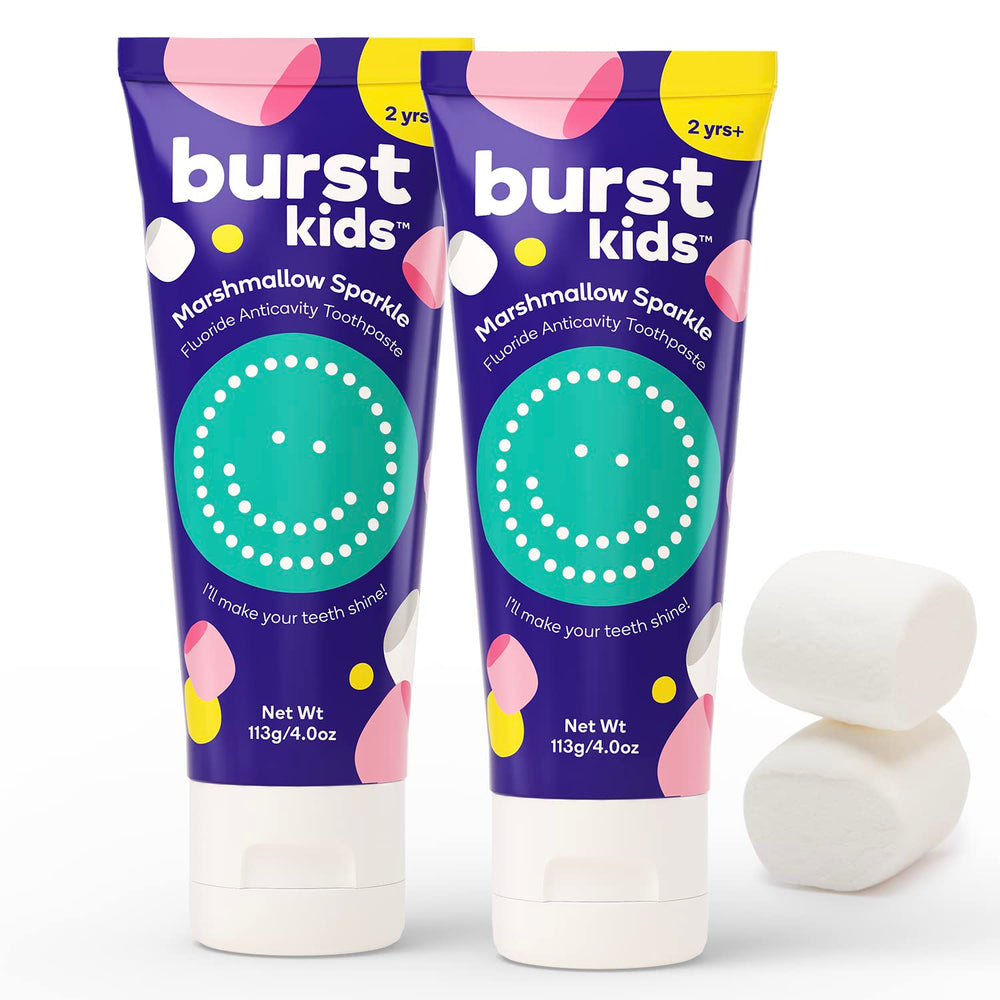 BURST Marshmallow Sparkle Kids Toothpaste bottle and box front view