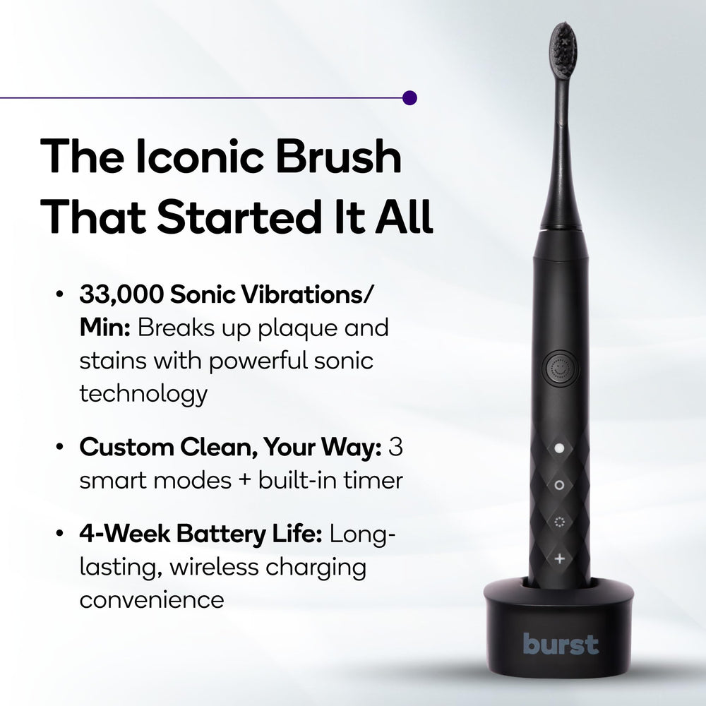 BURST toothbrush showing 3 modes: Whitening, Sensitive, Massage