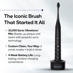 BURST toothbrush showing 3 modes: Whitening, Sensitive, Massage