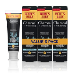 Burt's Bees Charcoal Toothpaste Mountain Mint packaging with three 4.7 oz tubes