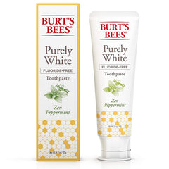 Close-up of Burt's Bees Purely White Zen Peppermint toothpaste label