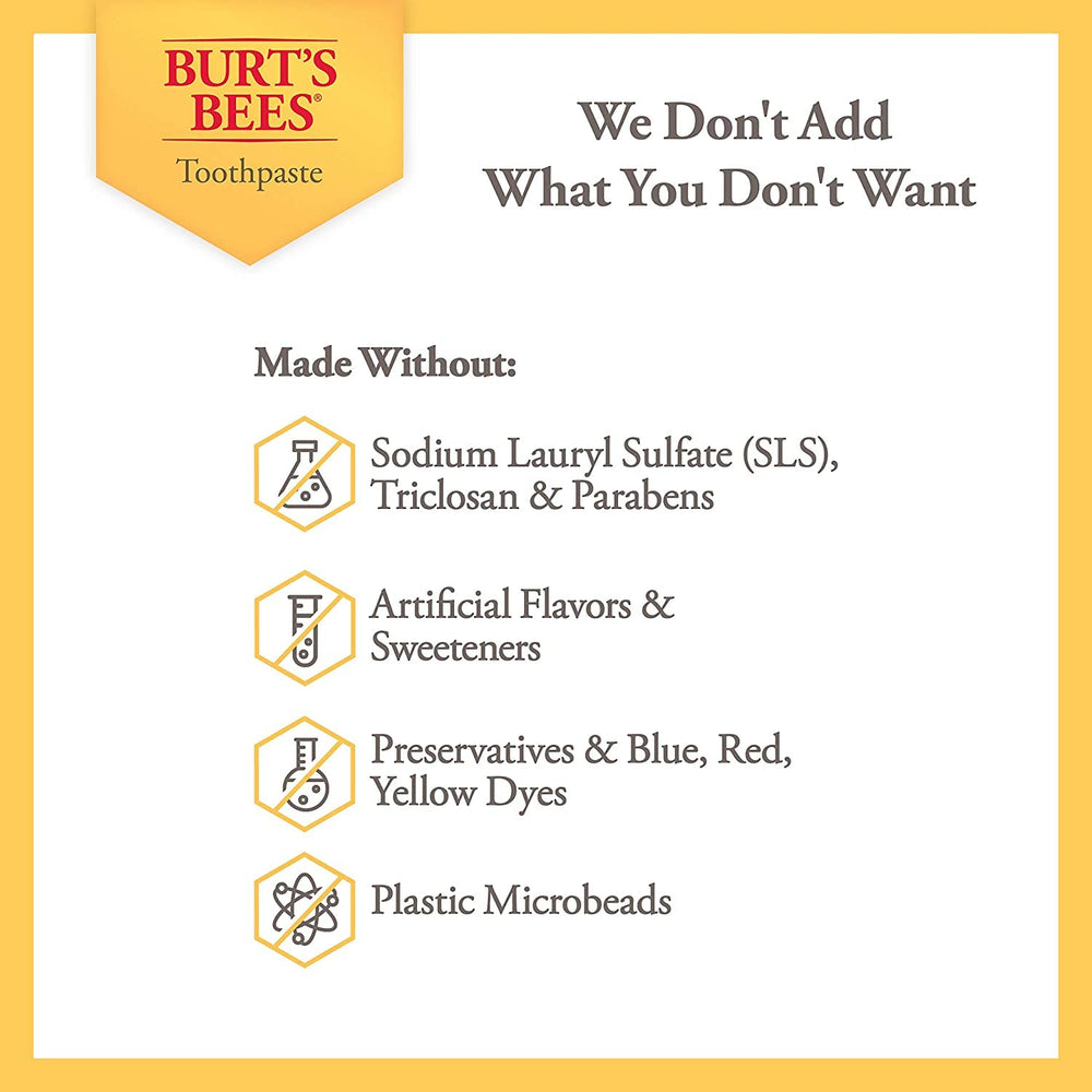 Back label of Burt's Bees Purely White toothpaste