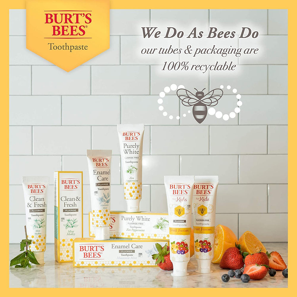 Lifestyle shot featuring Burt's Bees toothpaste Purely White Zen Peppermint