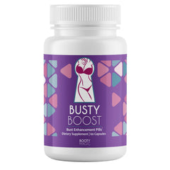Busty Boost bottle and pills on white background