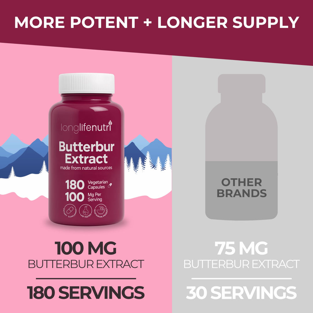 Butterbur root extract capsules arranged on white background