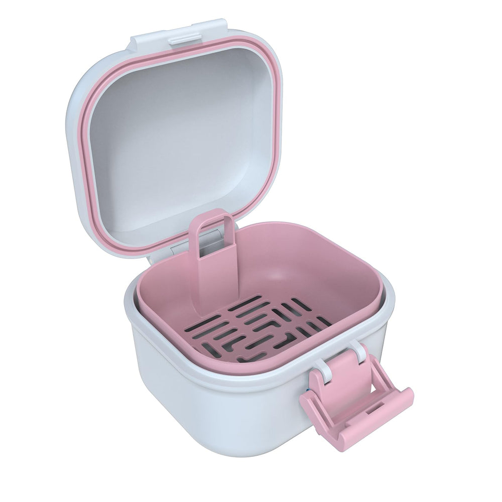 Close-up of leak-proof denture case designed for soaking and handling
