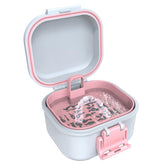 Front view of BVN leak-proof denture case in pink and white