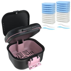 BVN leakproof denture cup with magnetic organizer in black and pink (hero image)