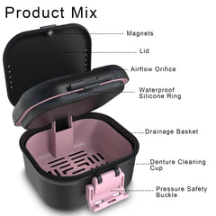 BVN denture cup travel case in black and pink