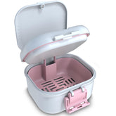 BVN leakproof denture cup in white and pink with open lid