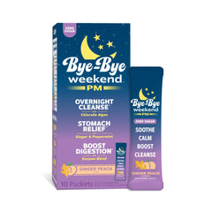 Bye-Bye Weekend PM bottle on nightstand with a calm evening setup for restful sleep potential.