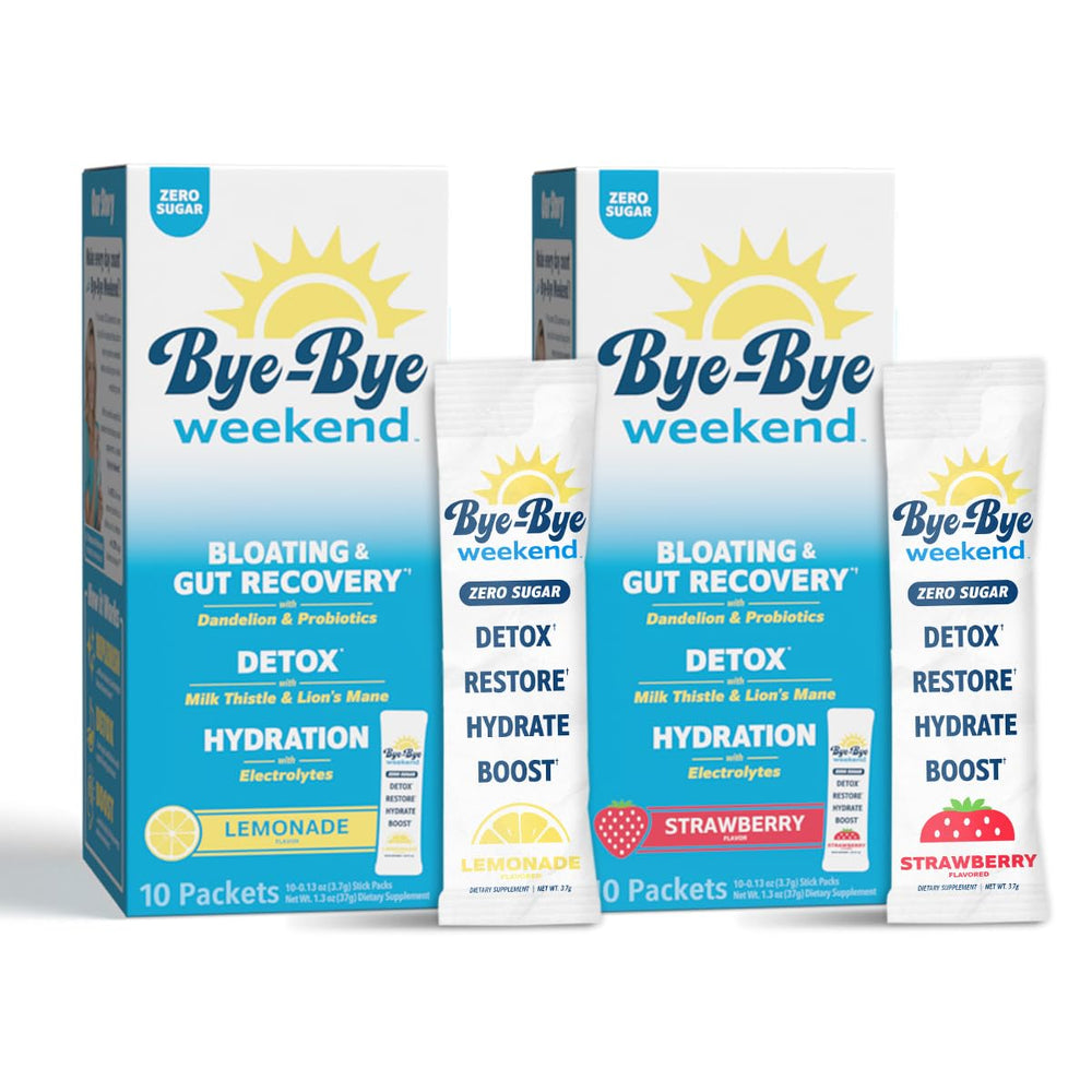 Bye-Bye Weekend Detox Drink Mix bottle closeup highlighting hydration support.