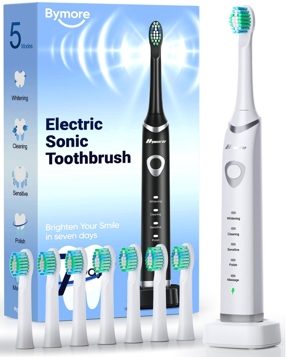 Bymore electric toothbrush in pure white, front view