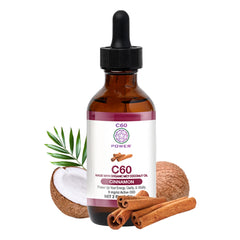 C60 Power Cinnamon Flavored MCT Coconut Oil in an organic 2 oz bottle with dropper