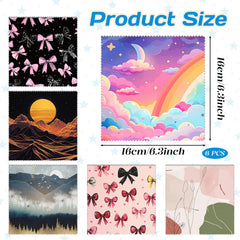 Flat lay of six Cabreche microfiber eyeglass cleaning cloths with pink bowknot patterns