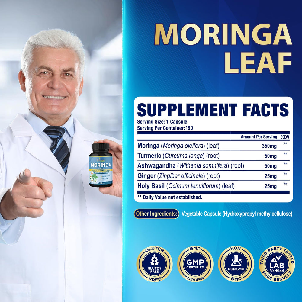 Ingredients: Moringa, Ashwagandha, Tulsi, Ginger and Turmeric